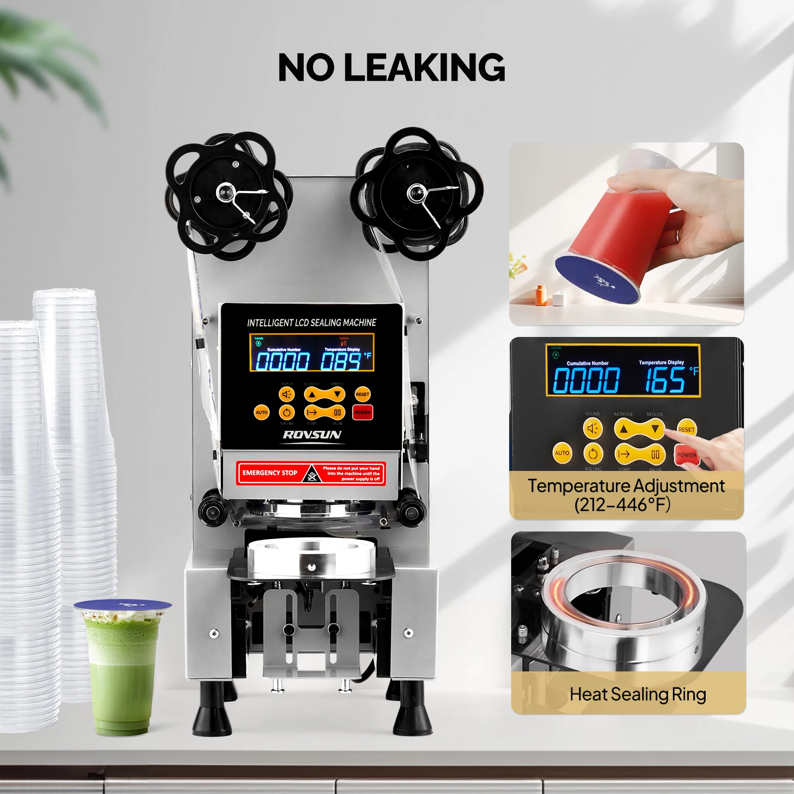 Máquina elétrica de selagem de copos com display LCD inteligente para café de chá de leite com bolhas, 500-650 xícaras/H, copo 88/89/90/95 mm, prata