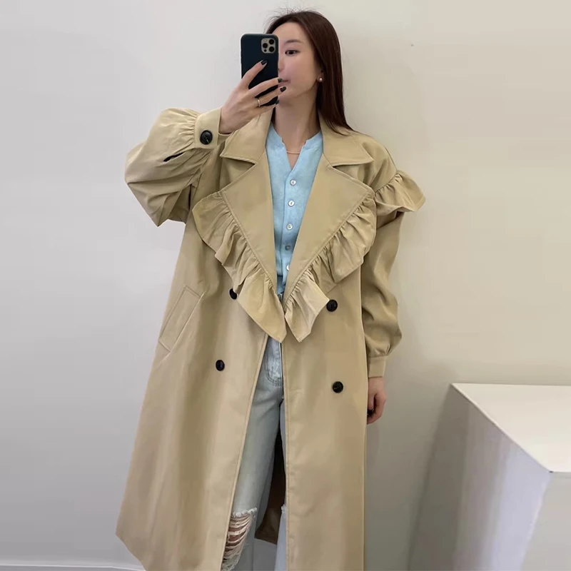 

SuperAen Korean Style Autumn New Vintage Woman Double-breasted Ruffles Turn-down Collar Stitching Design Loose Long Trench Coat