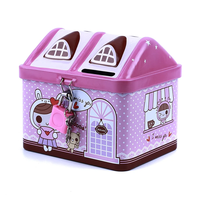 New Metal House Shape Piggy Bank Coin Safe Storage Box Child Piggy Banks Key Lock Money Box Creative Children Christmas Gift