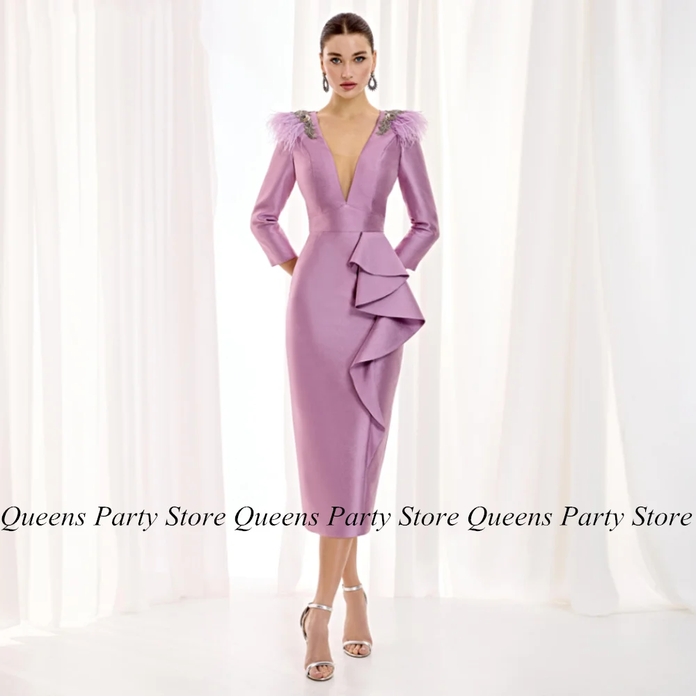 Light Purple Mother of The Bride Dress Feathers Stones 3/4 Sleeves Ruffles Sheath Party Gown Tea Length Wedding Guest Gown