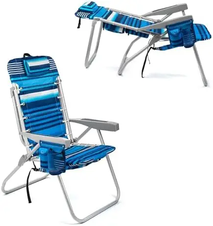 Folding Tall Backpack Beach Chair with 5 Positions, Towel bar, Cooler and Storage Pouch, Cup Holder and Phone Holder