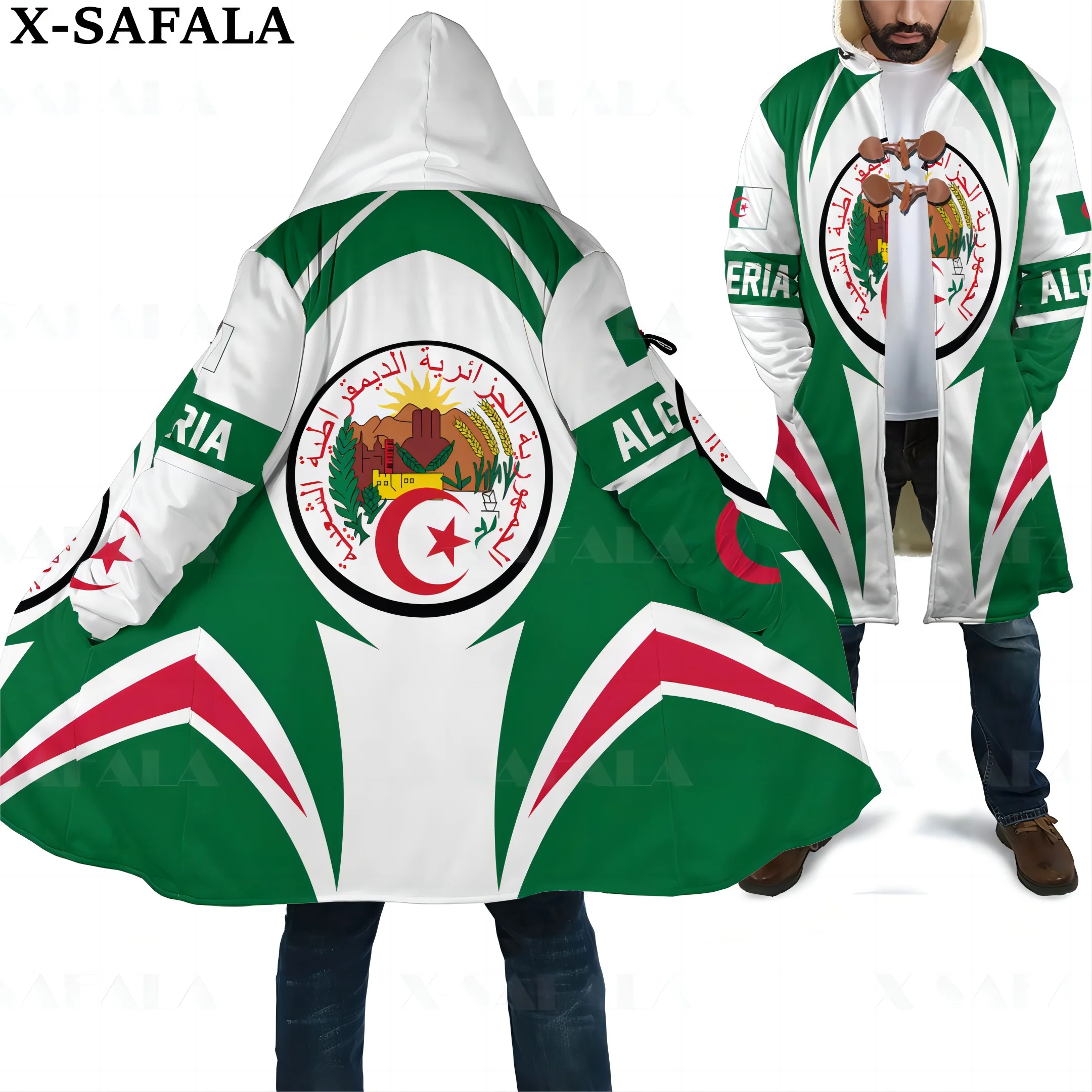 Algeria Emblem Action Flag Country Art  Thick Warm Hooded 3D Print Cloak Men Overcoat Coat Windproof Fleece Cape Robe Blanket-2