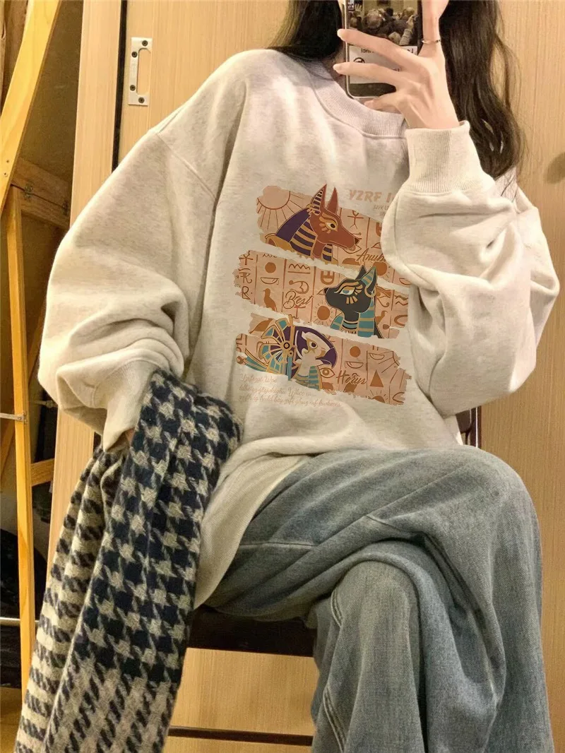 American Retro Print Sweatshirt Women Autumn Winter 2025New high quality O-Neck Loose Casual Warm Hoodie Y2K Top Female clothing