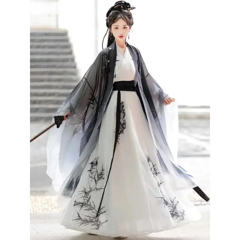 

New Hanfu Female Women Song System Waist Length Ancient Costume Ink Wash Style Chinese Style Grey White Hemline Cos Cosplay