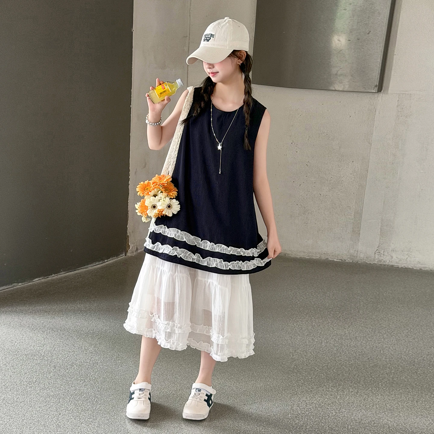 Girls Summer Floral Splicing Sleeveless Vest Dress Korean Style Medium Length Princess Skirt Fashionable Children's Clothing