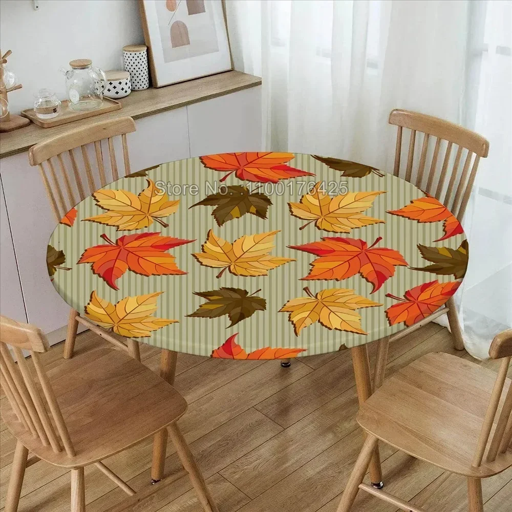 

Maple Leaves Fitted Round Table Cover for Thanksgiving Maple Leaf Party Wedding Tablecloth Decor Waterproof Wipeable Table Cloth