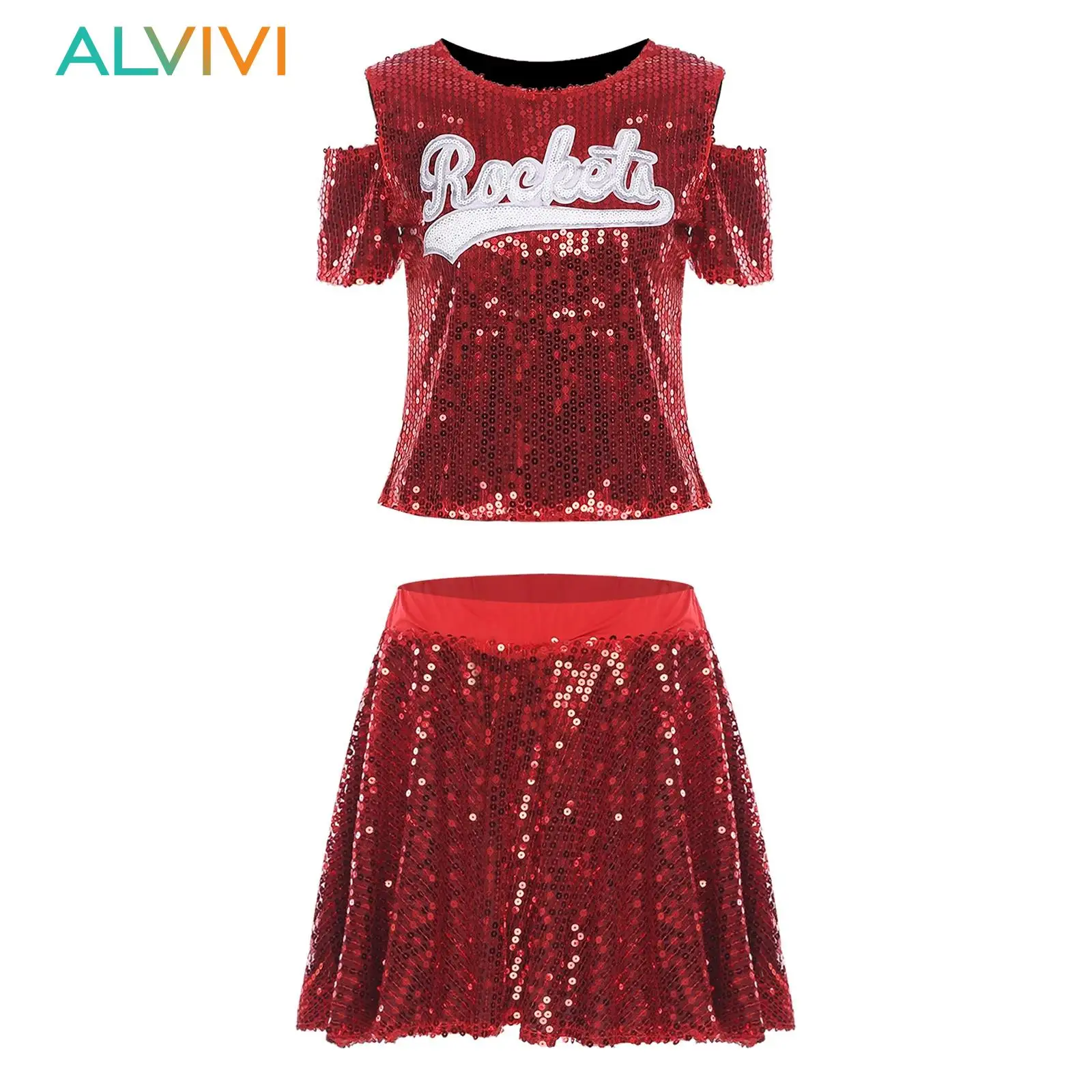 レディース光沢のあるスパンコールチアリーダーコスチュームヒップホップジャズダンスパフォーマンス衣装tシャツとaラインスカートチアリーディングユニフォーム