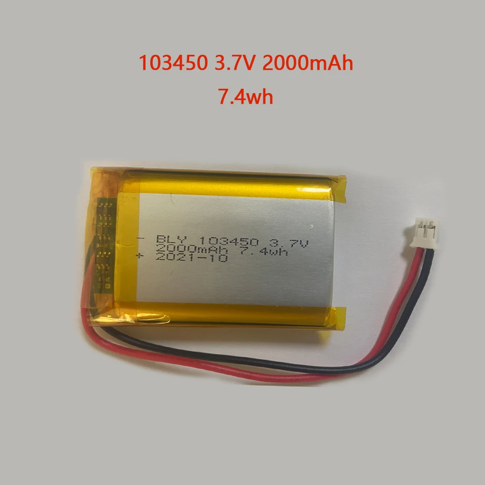 100% Real capacity103450 3.7V 2000mAh Polymer Lithium Rechargeable Battery for Camera Bluetooth Speaker PH 2.0mm 2pin plug