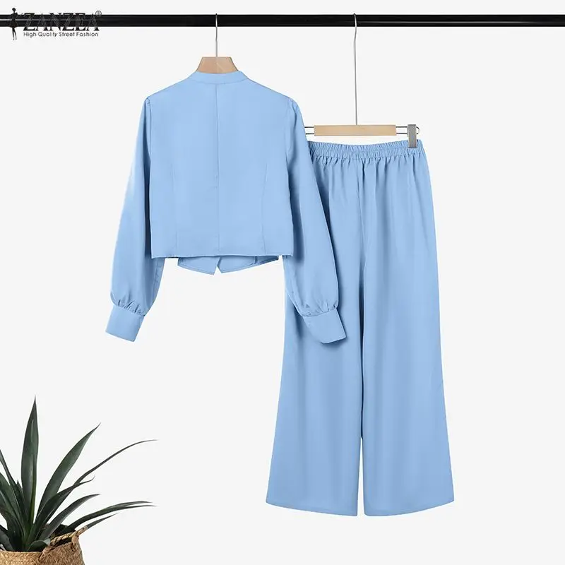 Women's Elegant Chic Pant Sets Stand Collar Long Sleeve Shirt & Wide Leg Pant 2 Pieces Sets ZANZEA Minimalist Pant Suits Outfits
