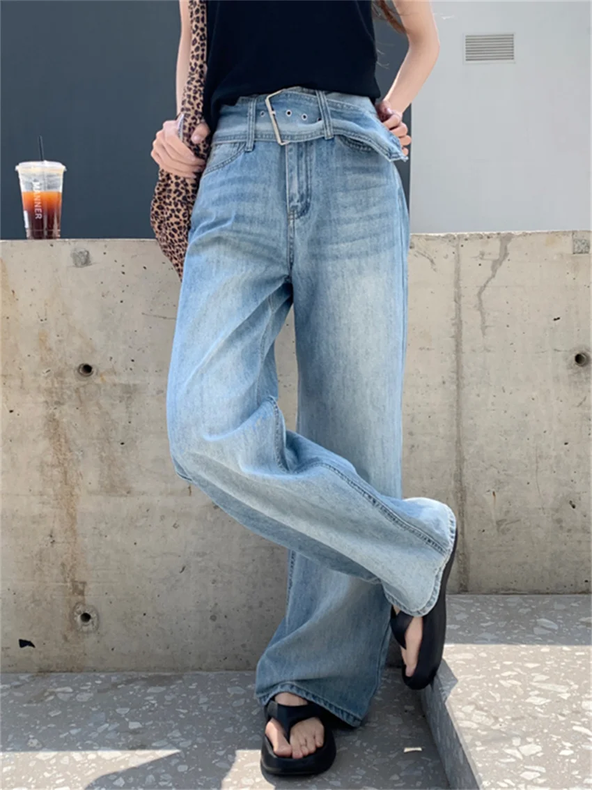 

PLAMTEE Summer Chic Jeans With Belt Women New Loose Slim 2024 Wide Leg Denim Office Lady All Match Mopping High Street Pants