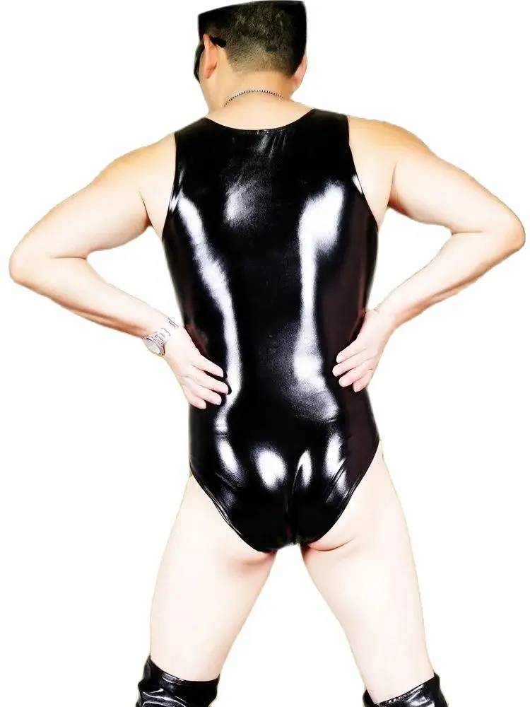 Летняя мужская майка из искусственной кожи, цельный жилет, стильная сексуальная яркая рубашка с зеркальной выпуклой промежностью, плотное боди