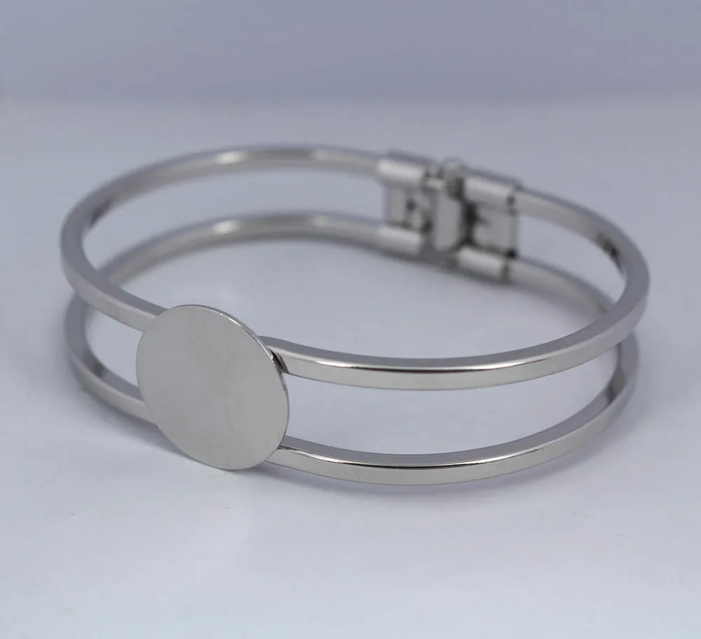 10pcs Blank Cuff Bangle Base Settings with Flat Circle Glue Pad Spring Open Bracelet Bangle Findings Silver Plated 15 18mm
