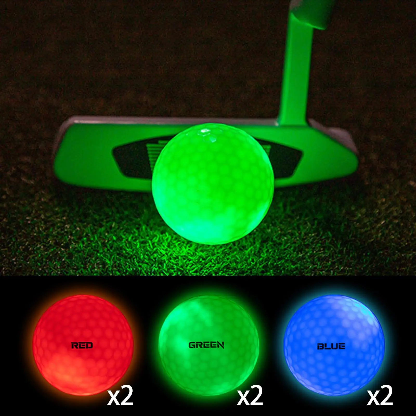 6 peças de bolas de golfe luminosas de longa duração brilhantes 3 cores bolas de golfe brilhantes