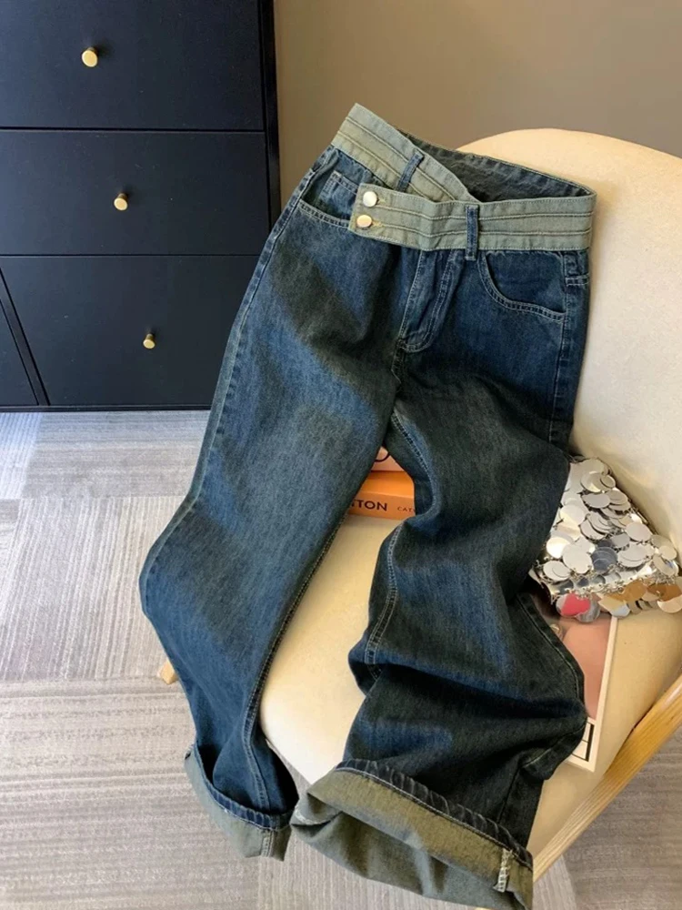 

Джинсы контрастного цвета Y2K, женские джинсы в американском стиле с высокой талией, прямые брюки с закрученными краями, широкие узкие брюки в пол