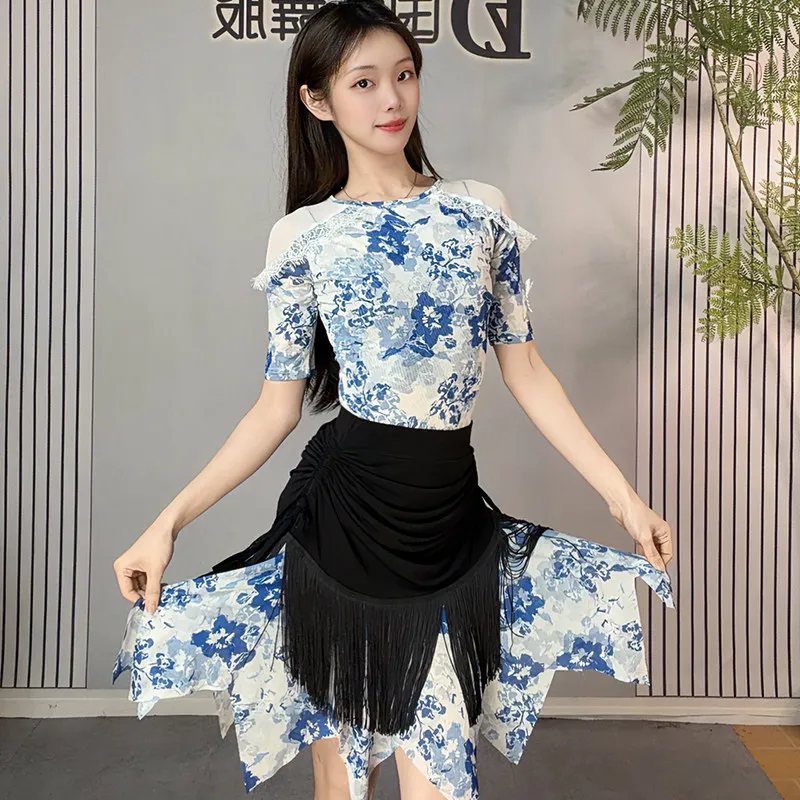 

2026 Latin Dance Tops For Women Adult Tassel Mesh Set Chacha Rumba Tango Dress Female Latin Practice Dance Costumes XH4742