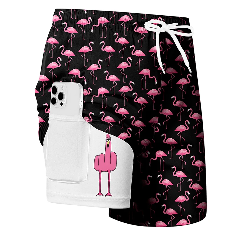 Herren-Boardshorts mit Flamingo-Print und Handyfach, 2-in-1, Sommer, lässig, lustig, schnelltrocknend, Badeshorts, Badeanzug