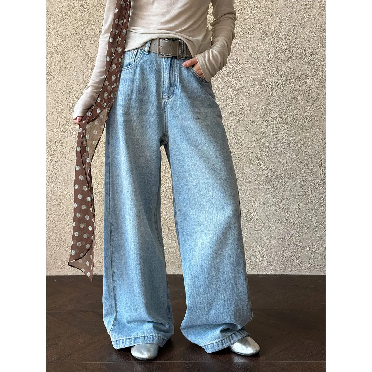

Japan Belt High Waist Drop Feeling Jeans for Women 2025 Spring New Korean Versatile Wide Leg Pants 33100