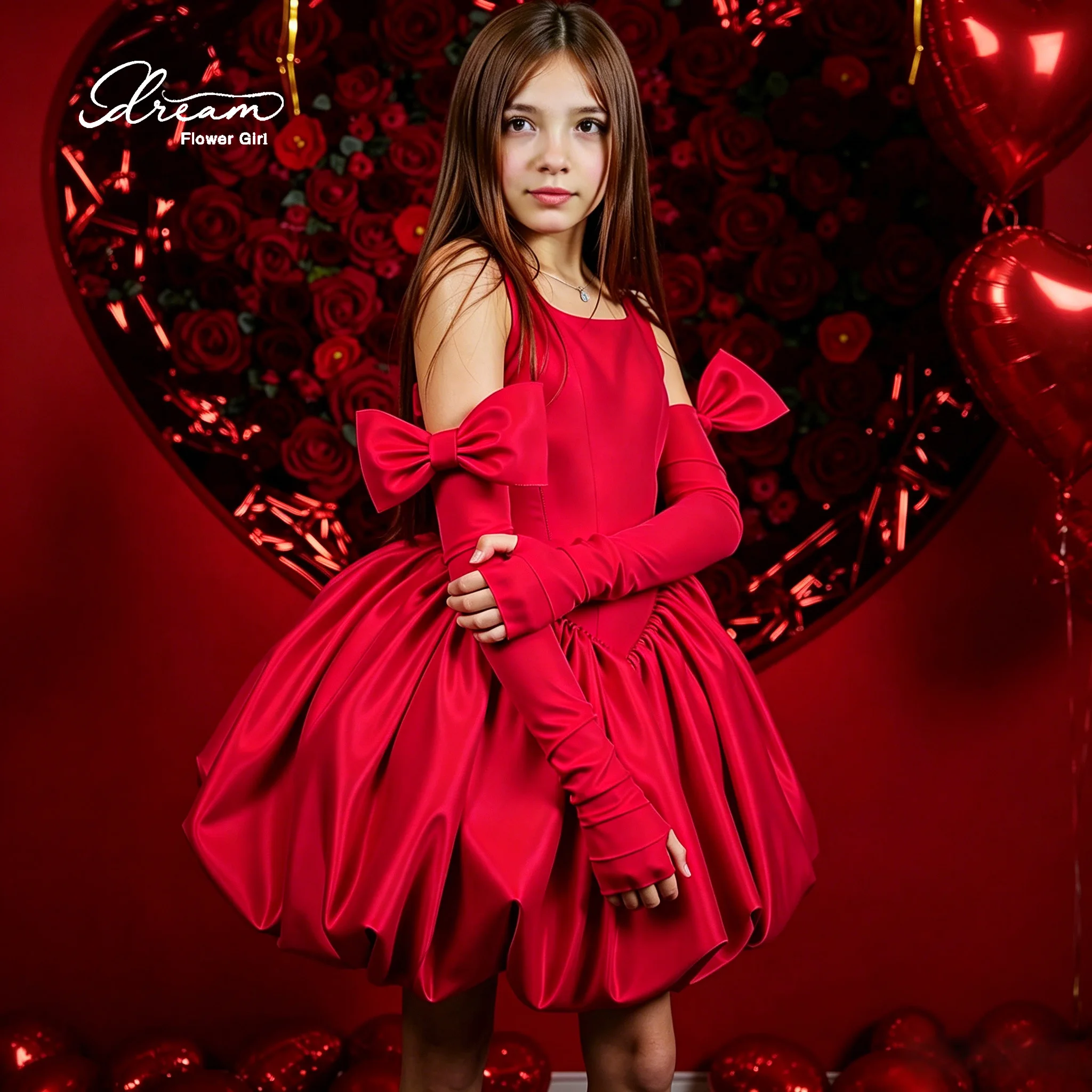 Red belted bow and knee-length suspender dress with fluffy and pleated design of flower buds