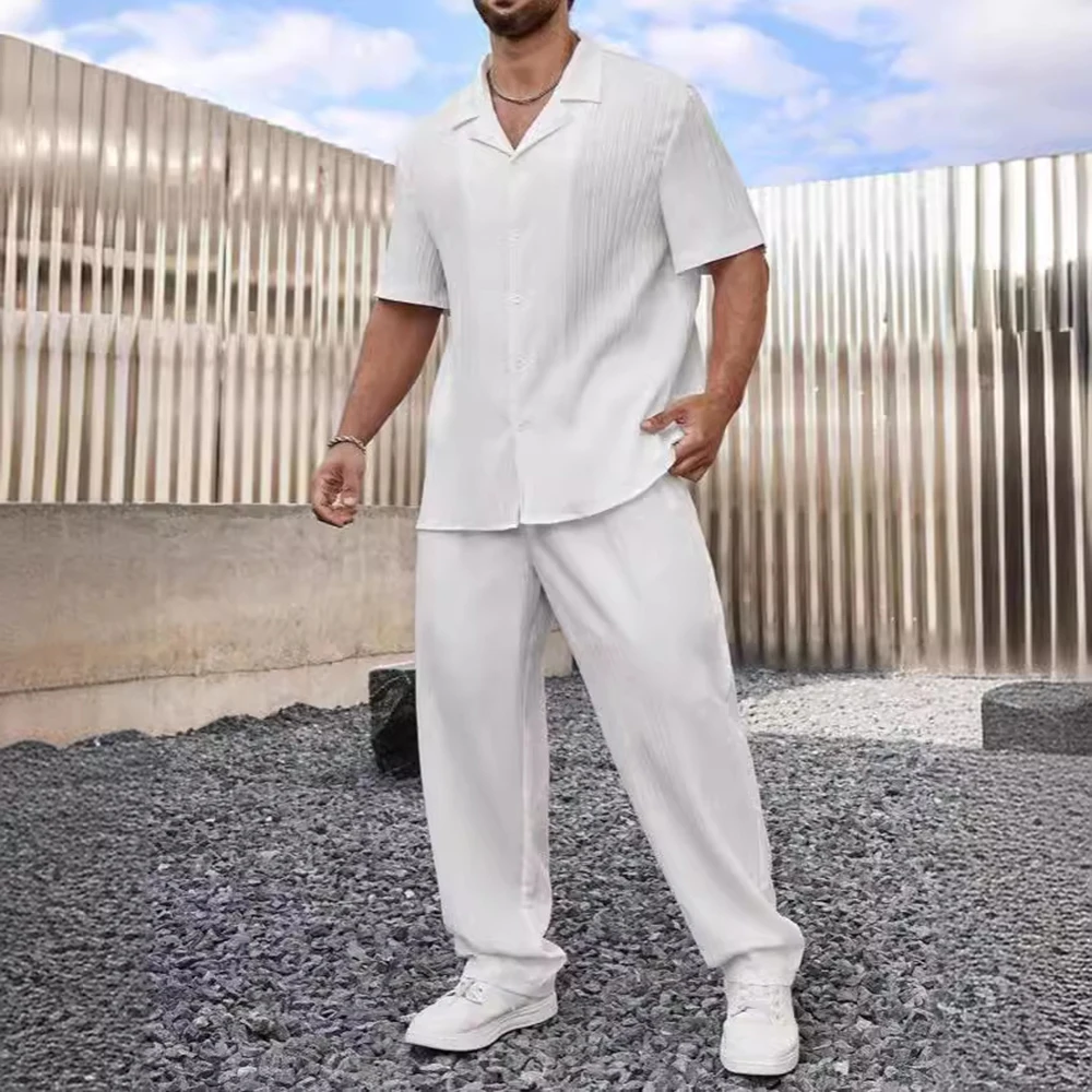 Mens Commuter Textured Plain Two Piece Sets Fashion Daily Outdoor Simple Casual Thin Breathable Shirt Pants Men'S Clothing 2026