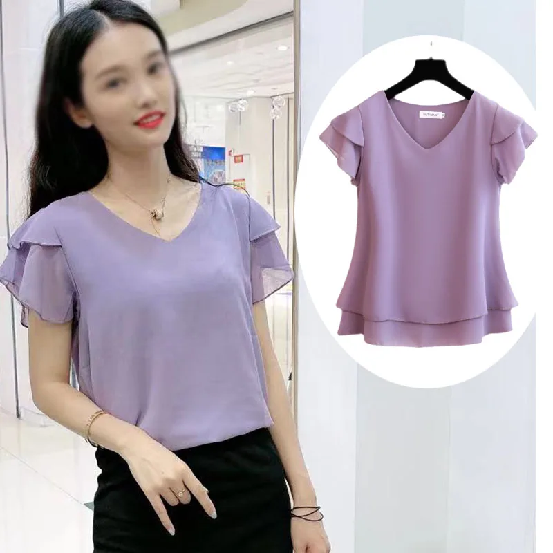 Fashion Brand Spring Summer Short-sleeved V-neck Chiffon Shirt Tops Large Size Loose and Thin Women Casual Shirts Shirts Blouses