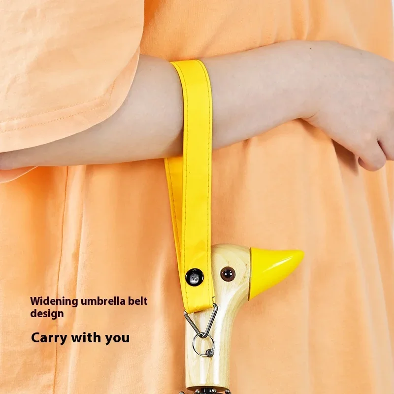 Guarda-chuva três dobrável com cabeça de pato, alça de madeira criativa para proteção solar, proteção contra intempéries, borracha preta e fofo portátil