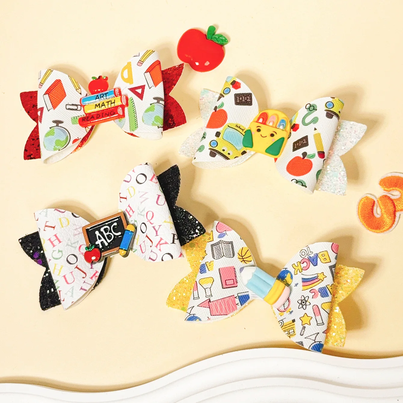 36pcs Hair Clips for Girls Pencil Print Bows & Apple Fruit Pattern Barrettes Kids Hairpins Headwear Bulk Back to School Supplies