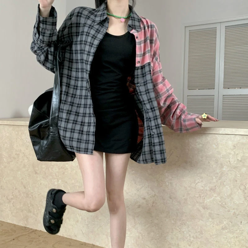 Summer Harajuku Patchwork Plaid Shirts Women Sun-proof Fashion High Street Loose All-match Leisure Retro Students Classic Chic