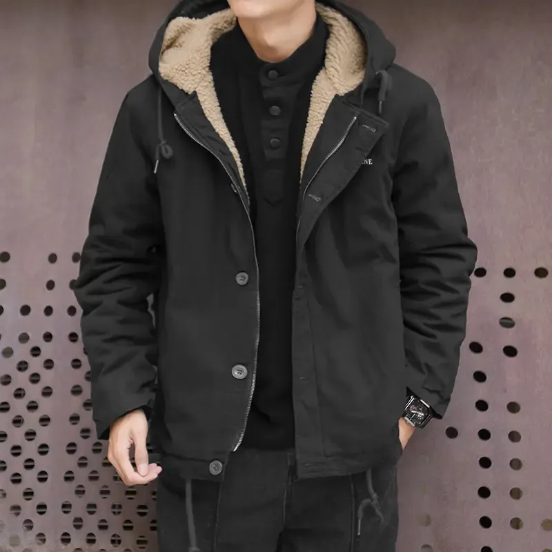 2026 Lamb Wool Jacket Men's Short Loose Thermal Hooded Tooling Cotton Clothes Winter Velvet Thickened Cotton Clothes