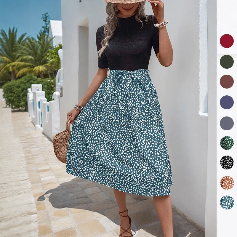

Summer Vacation Dress Women Chic Y2K Sweet Wind Splicing Medium and Long Dress Semi-turtleneck Leopard Print Contrasting Dress