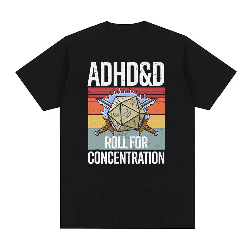 Adhd&d Roll for Concentration Funny Graphic T Shirt Men Fashion Retro Short Sleeve T-shirts Tops Casual Cotton Oversized T-shirt