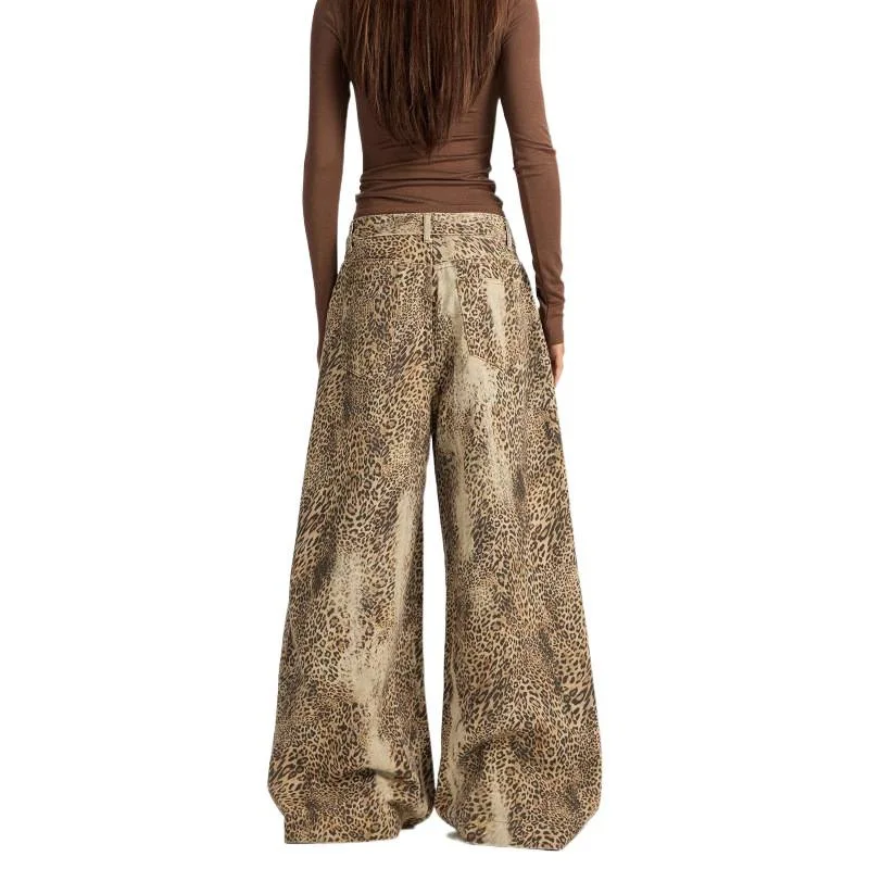 2026 autumn new american retro leopard print wide-leg pants