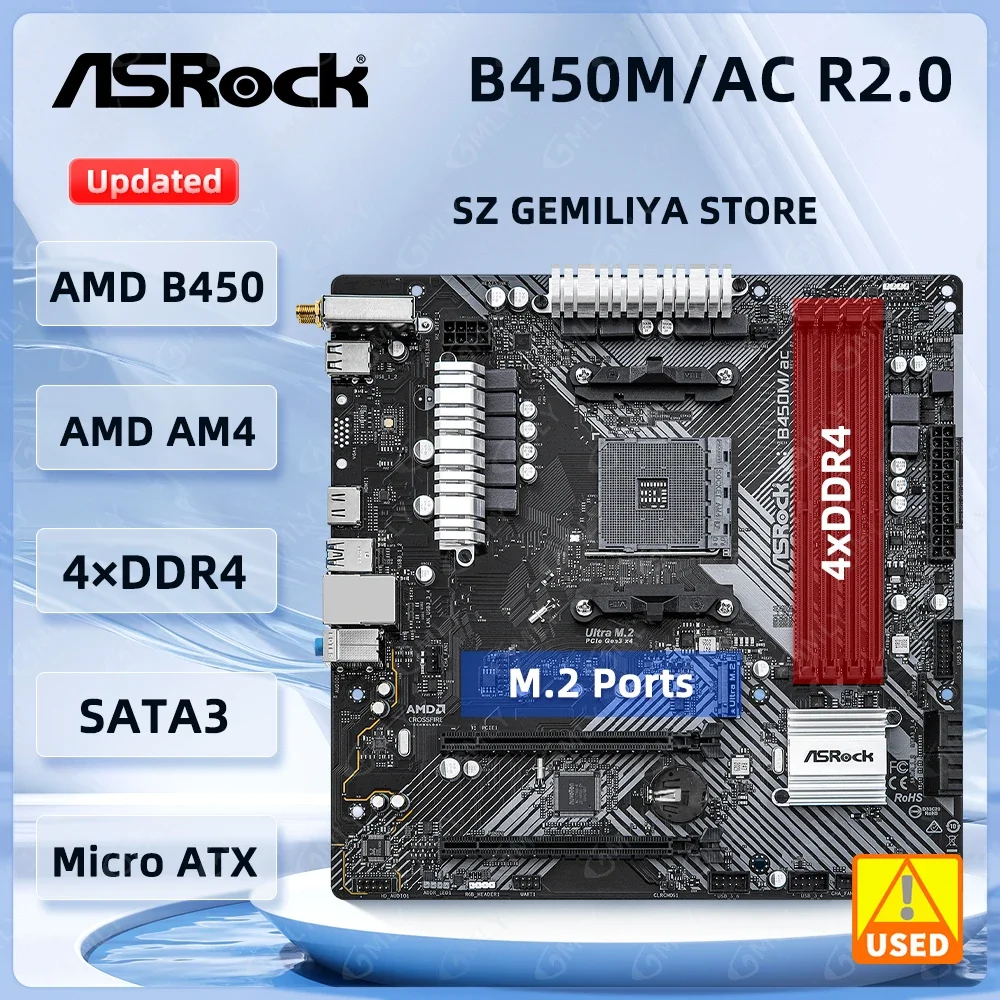 ASRock B450M Motherboard B450M/ac R2.0 Motherboard Socket AM4 Ryzen 5 5600G 5300G 5700 3900 1500 cpus DDR4 128GB Micro ATX M.2