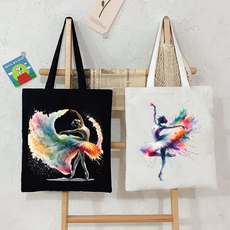 

Canvas Bag for Women Watercolor Ballet Print Shopper Handbags Storage Reusable Canvas Shoulder Bag Dance Lovers Female Tote Bag