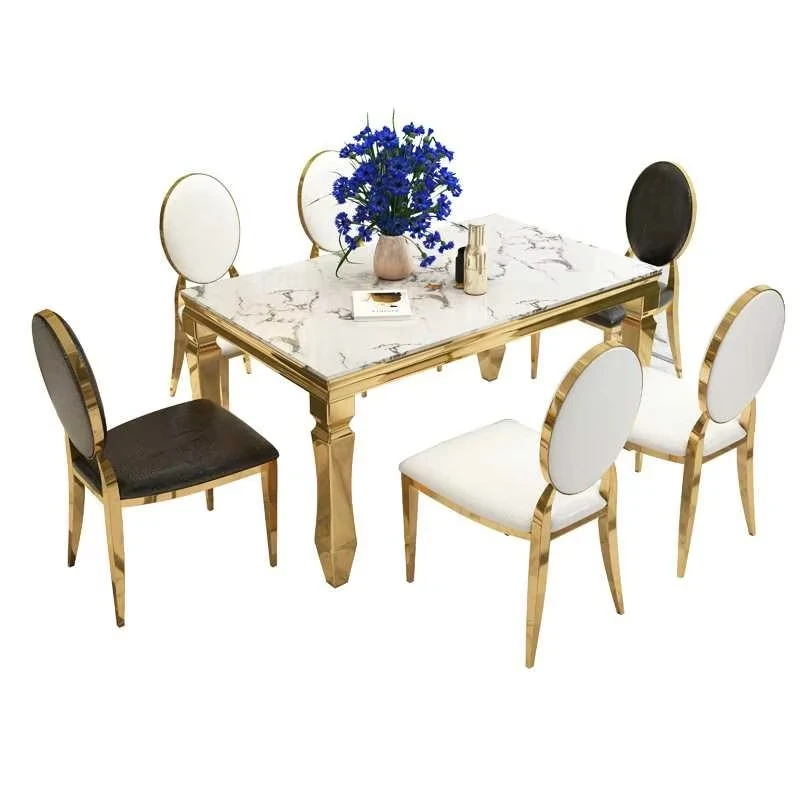 White tableware Large rectangular 8-seat leather chair Marble dining table Dining room furniture