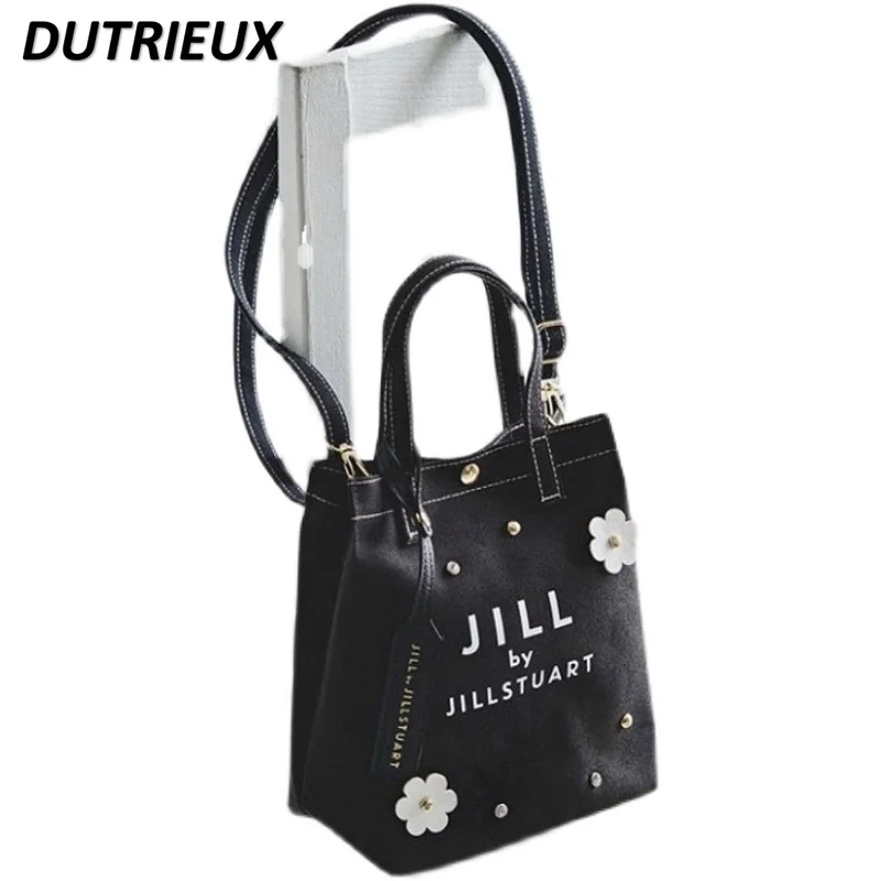 Japanese Magazine Sweet Girl Flower Rhinestone-Embedded Canvas Handbag Women Shopping Shopping Shoulder Bag Black Crossbody Bags