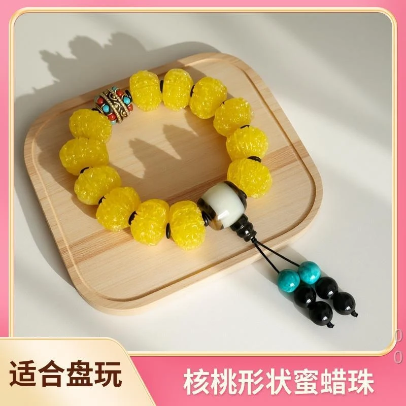 Amber chicken oil yellow walnut-shaped bracelet with Nepalese spacer beads horn three-way pendant, single strand for men and