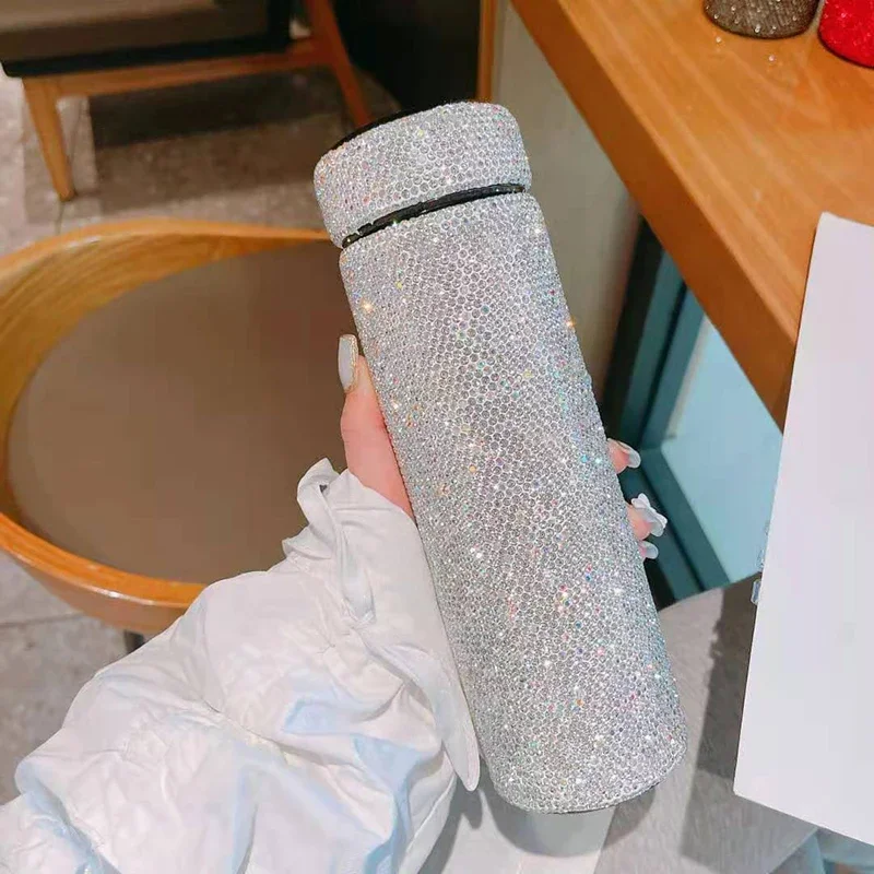 Smart Temperature Display Diamond Stainless Steel Thermos Coffee Mug Sparkling Insulated Cup Vacuum Flask Bling Water Bottle