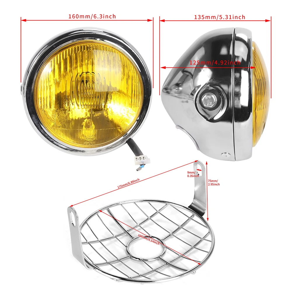 6.5'' Front Motorcycle Round Headlight with Mesh Grill Guard Lamp Cover Protector for Cafe Racer Cruiser Retro Headlamp