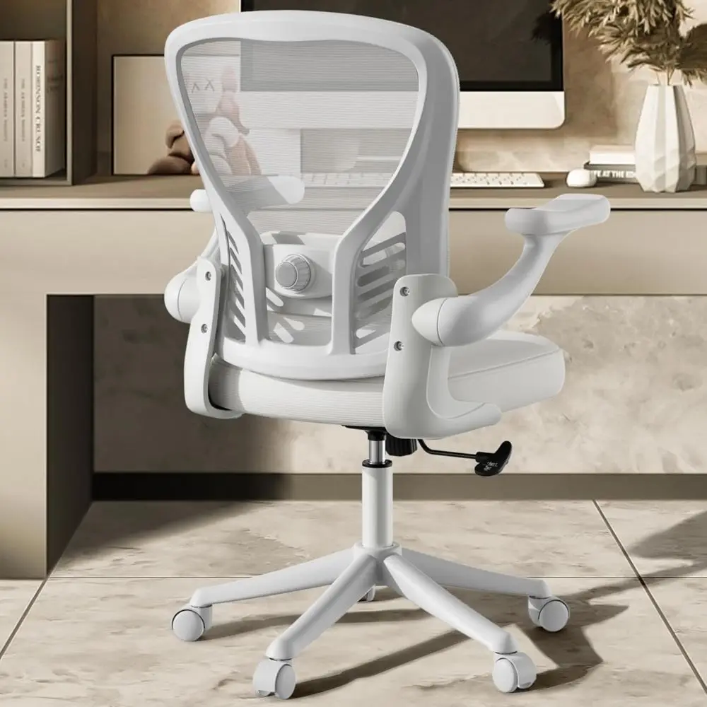 

White Swivel Mesh Office Chair with Adjustable Lumbar Support and Padded Arms