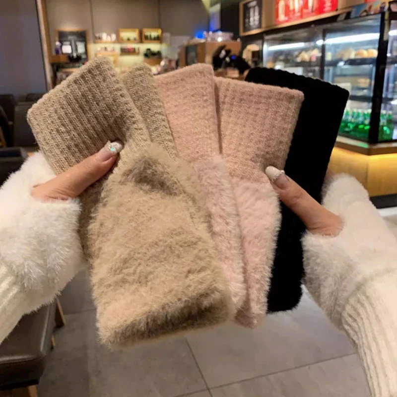 Manoplas de piel de conejo de invierno para mujer, guantes cálidos para niñas, lindos guantes de felpa sin dedos, manoplas cálidas gruesas, guantes