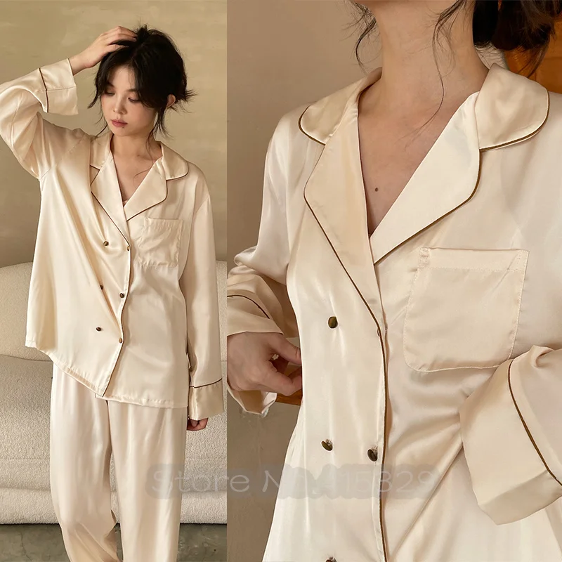 Female Home Clothes Faux Silk Pajamas Set Long Shirt&pants Women Sleepwear Causal Trousers Satin Suit Spring New  Loungewear