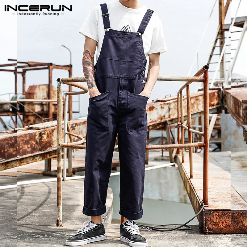 INCERUN 2024 Fashion New Men's Bib Pants Solid Jumpsuits Streetwear Casual Multi Pockets Suspenders Cargo Overalls Romper S-5XL