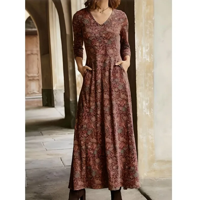 

Fashion Women's Dresses Floral Printed Autumn Pocket Long Sleeves Dress Casual Vintage Elegant Swing Streetwear Women Robe Femme