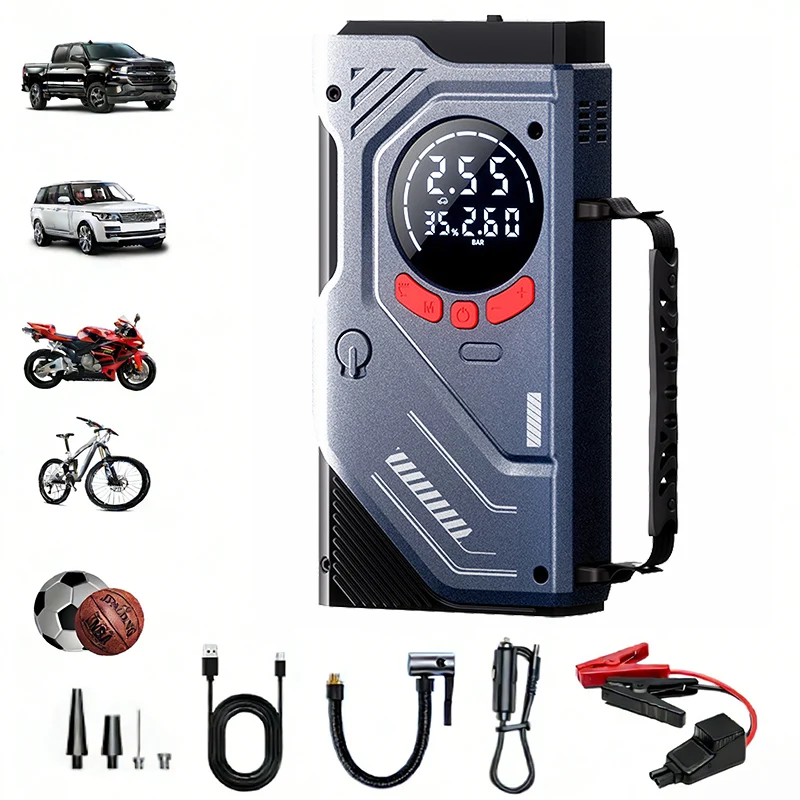 Portable Jump Starter With Air Compressor For 12V Petrol Diesel Car 150 PSI Car Tires Air Pump with LED Lights & Pressure Gauge.