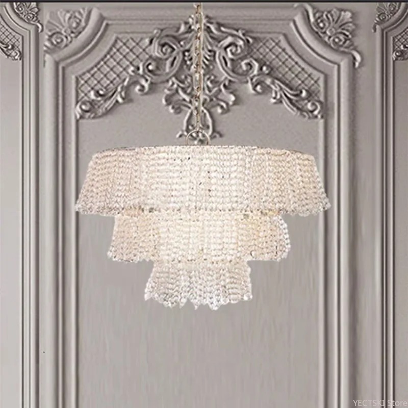 Layered round bead crystal pendant light, French cream style heavy industry living room, dining room, bedroom light