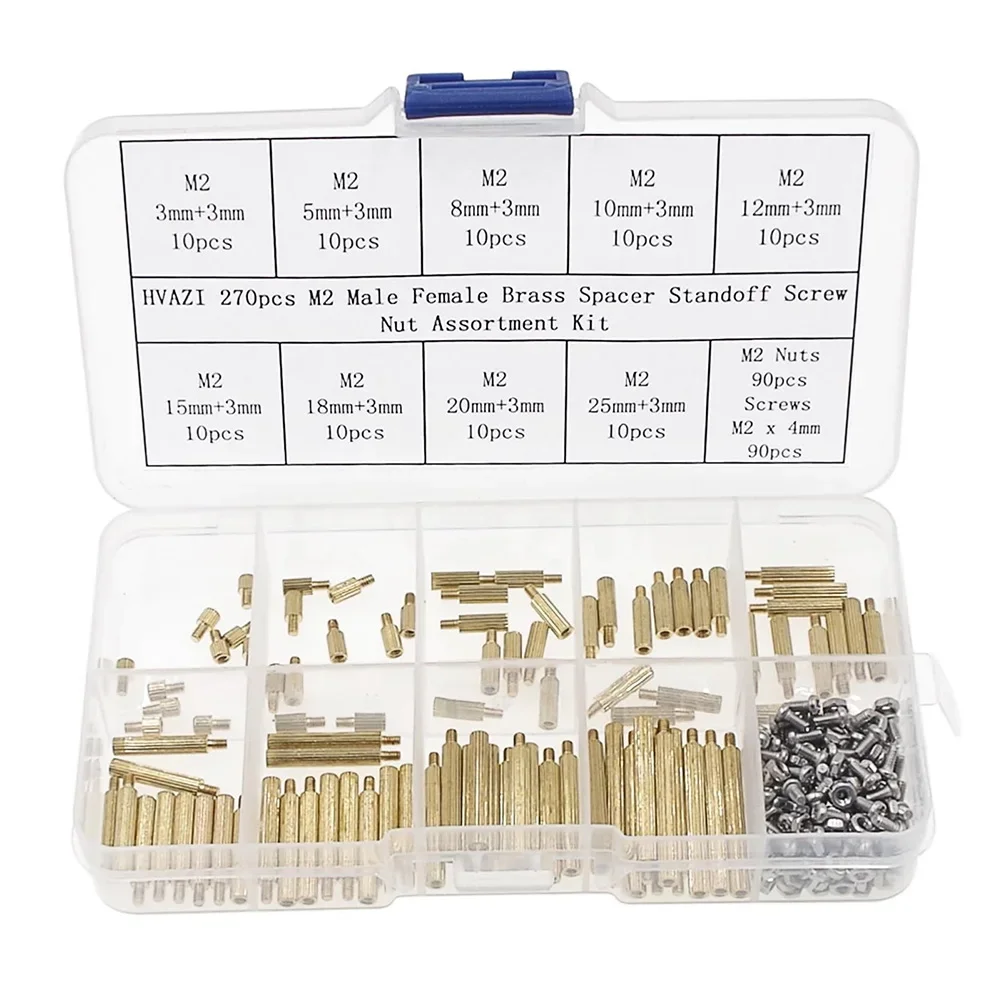 

270Pcs/Set M2 Male Female Brass Spacer Round Knurled PCB Standoff Screw Nut Assortment Kit Fasteners Hardware Accessories