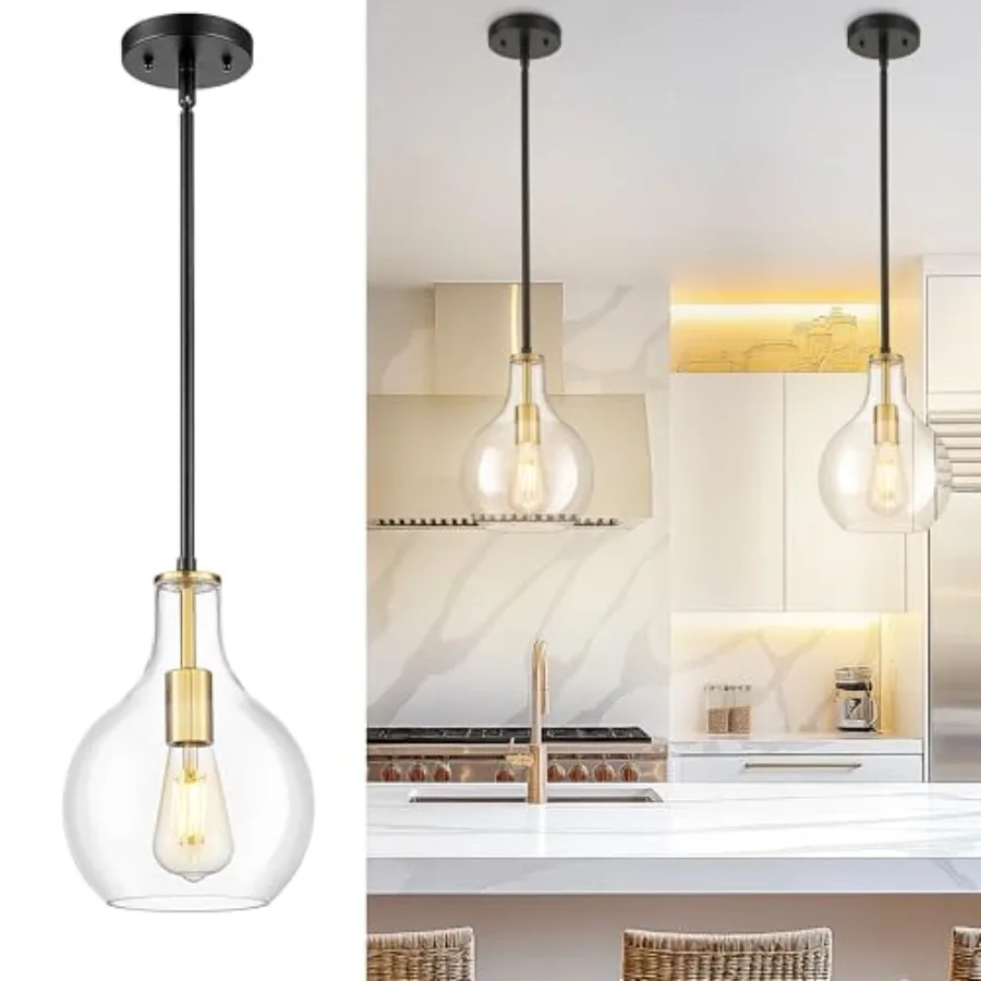 

Black and Gold Pendant Lights Kitchen Island 8 Inch Pendant Light Fixtures with Clear Glass Shade Modern Farmhouse Island Light