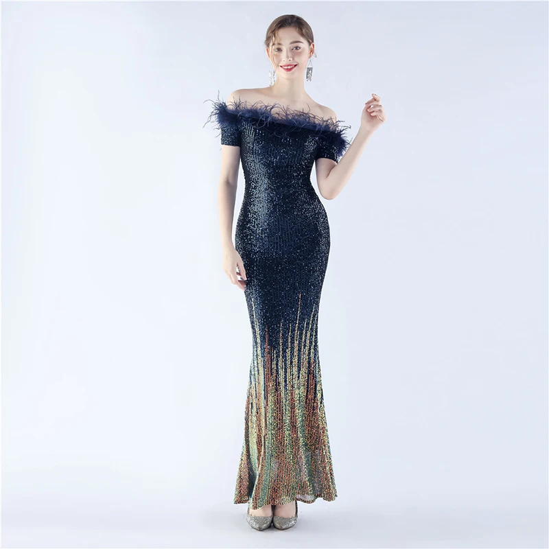 

2024 Summer Women Off shoulder short sleeve feather sequined party Evening Prom Cocktail long maxi dress vestido de festa