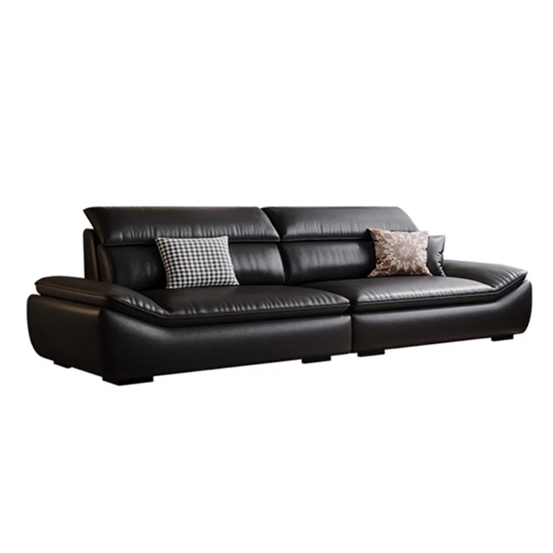Black straight full-grain leather sofa, simple and modern living room sofa
