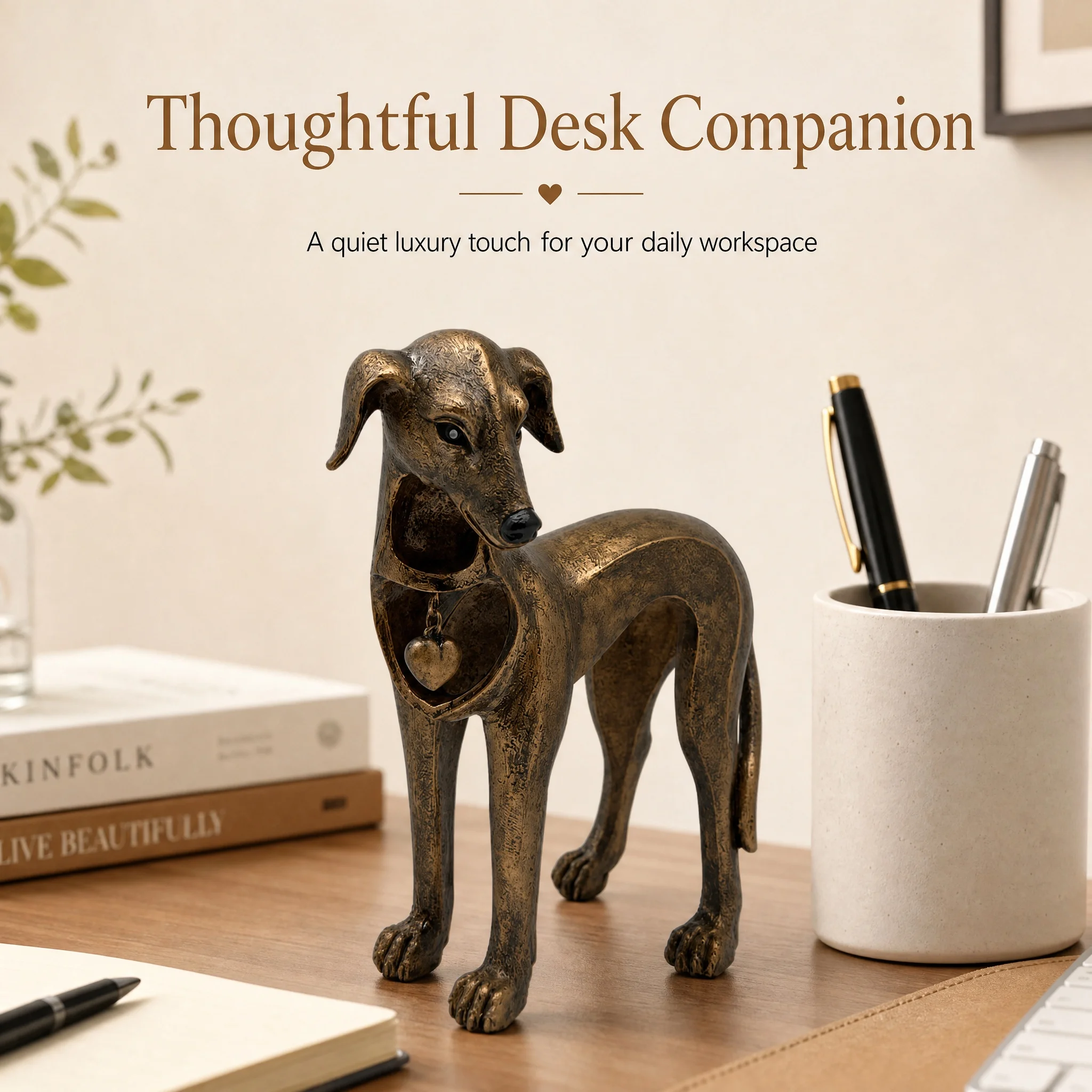 Resin Greyhound Figurine with Heart Cutout Bronze Decor Shatter Resistant Dog Sculpture for Dog Lovers Pet Memorial Table